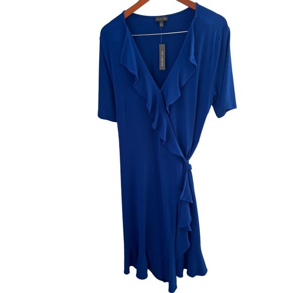 The Limited Royal Blue Wrap Dress w/ Tie Size XL  Ruffles Half Sleeve Stretchy - Picture 5 of 10